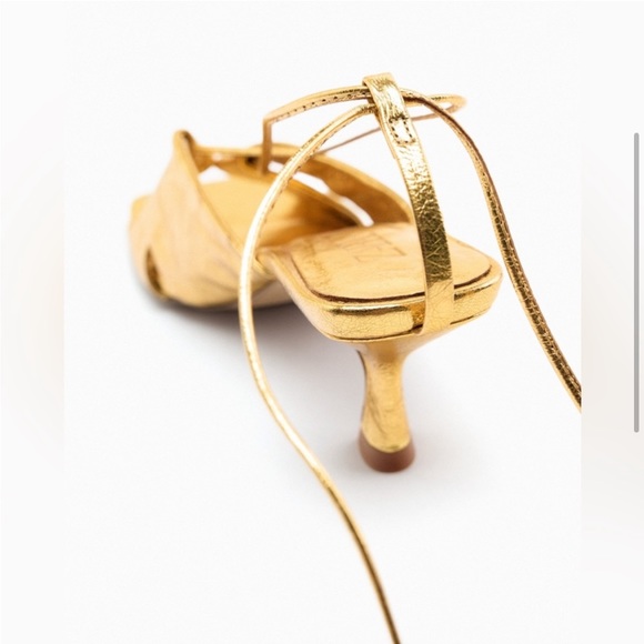 Zara Gold Foil Metallic Leather Ankle Wrap Tie Square Toe Kitten Heel Sandal - Picture 3 of 12